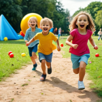 A group of happy children running and playing in a park, with colorful outdoor toys scattered around. Focus on their joyful expressions and the natural environment.