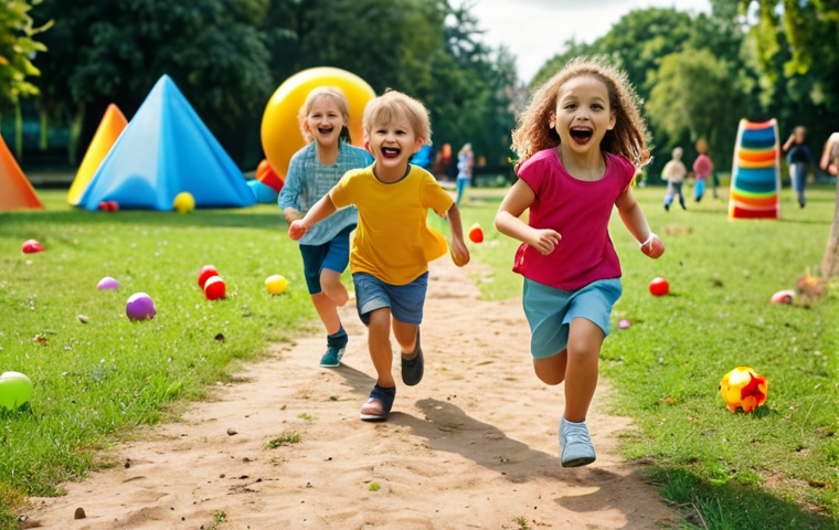 A group of happy children running and playing in a park, with colorful outdoor toys scattered around. Focus on their joyful expressions and the natural environment.