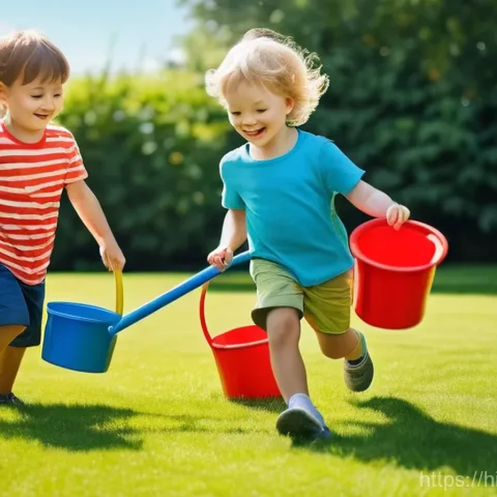 야외용 완구의 인기 색상 - **Prompt:** A group of cheerful children, aged 4-6, playing with vibrant outdoor toys in a sunny, ex...
