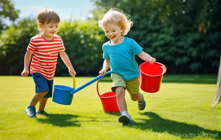 야외용 완구의 인기 색상 - **Prompt:** A group of cheerful children, aged 4-6, playing with vibrant outdoor toys in a sunny, ex...