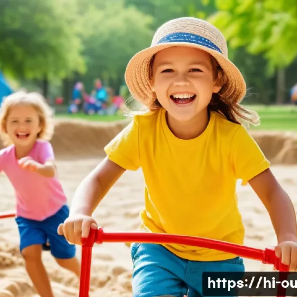 야외용 완구와 패션 아이템 - **Prompt:** "A vibrant, sunny outdoor playground bustling with joyful children aged 3-10 years. The ...