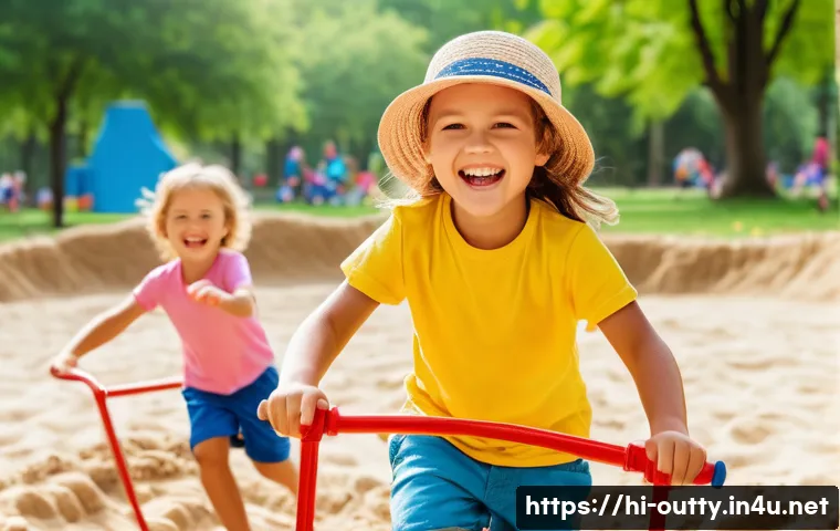 야외용 완구와 패션 아이템 - **Prompt:** "A vibrant, sunny outdoor playground bustling with joyful children aged 3-10 years. The ...